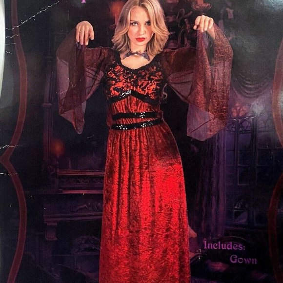 Woman's M 'Vampire Witch Halloween Costume Dress Medieval Red Sparkly Velour - Picture 1 of 13